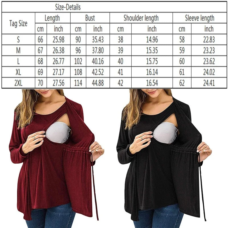 Autumn Winter Long Sleeve Round Neck Fake Two Piece Lace Up Breastfeeding Pregnant Women's Top T-shirt Pregnant Women's Outwear