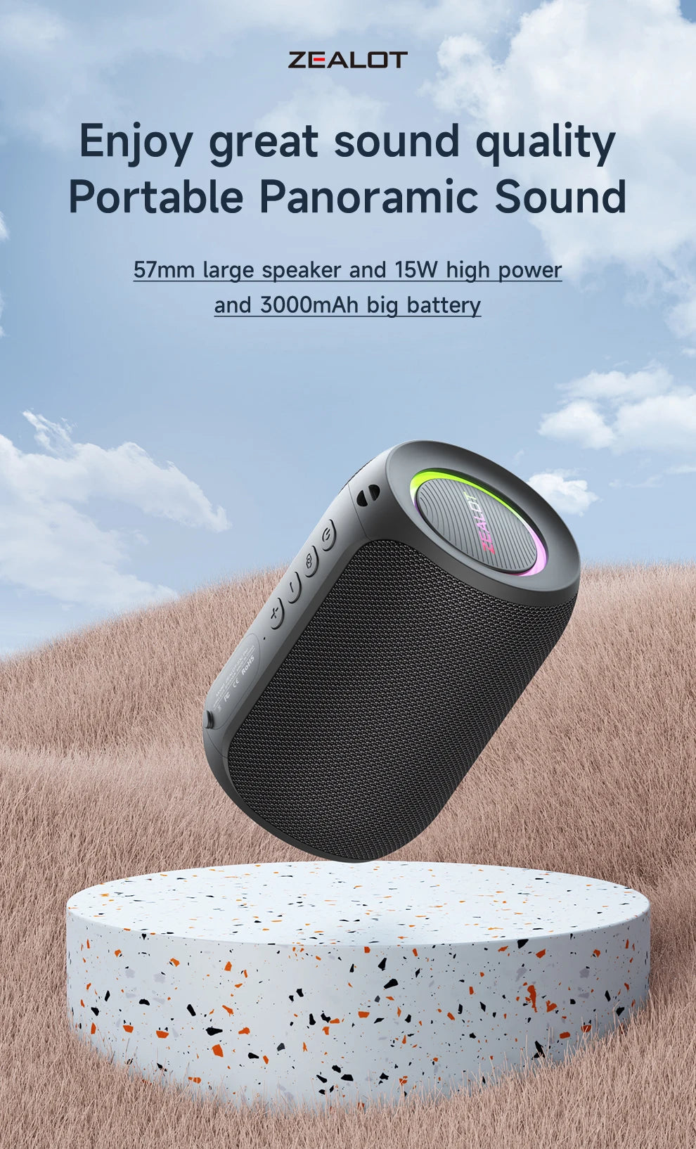 ZEALOT-S32PRO 15W Portable Bluetooth 5.2 Speaker Outdoor Waterproof Wireless TWS Mini Column Box Speaker Outdoor TF Card