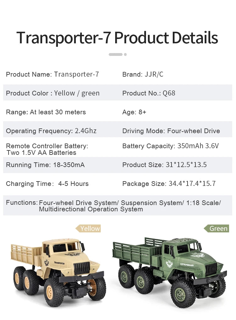 JJRC 1/18 Rc Car Off-Road  2.4G Radio Controlled Car Military Electric Machine 10Km/h Rc Buggy Children's Cars Toys for Boys kid