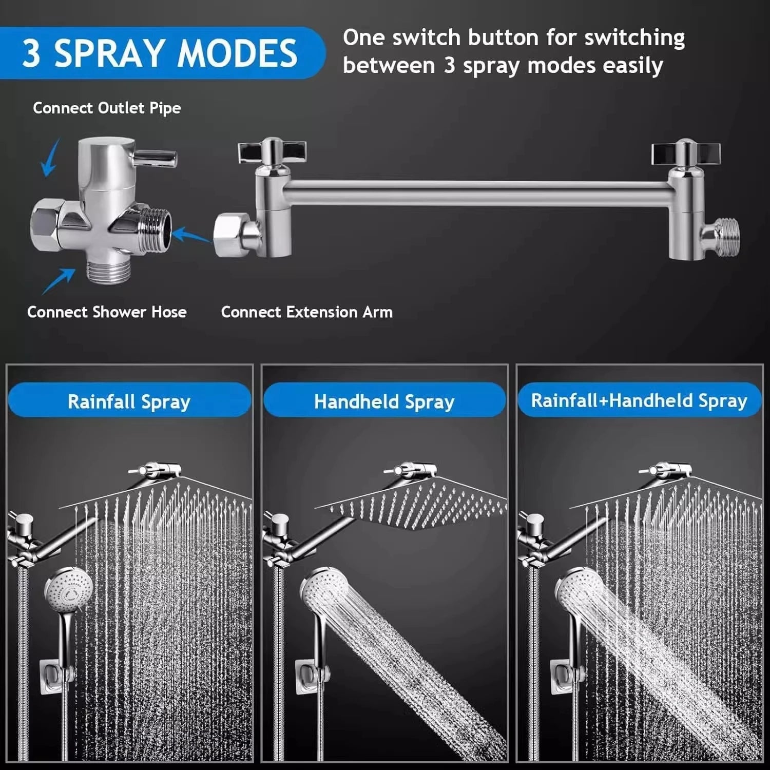 8/10/12-inch stainless steel 5-mode overhead showerhead with extension arm and multi-function wall-mounted hand shower set