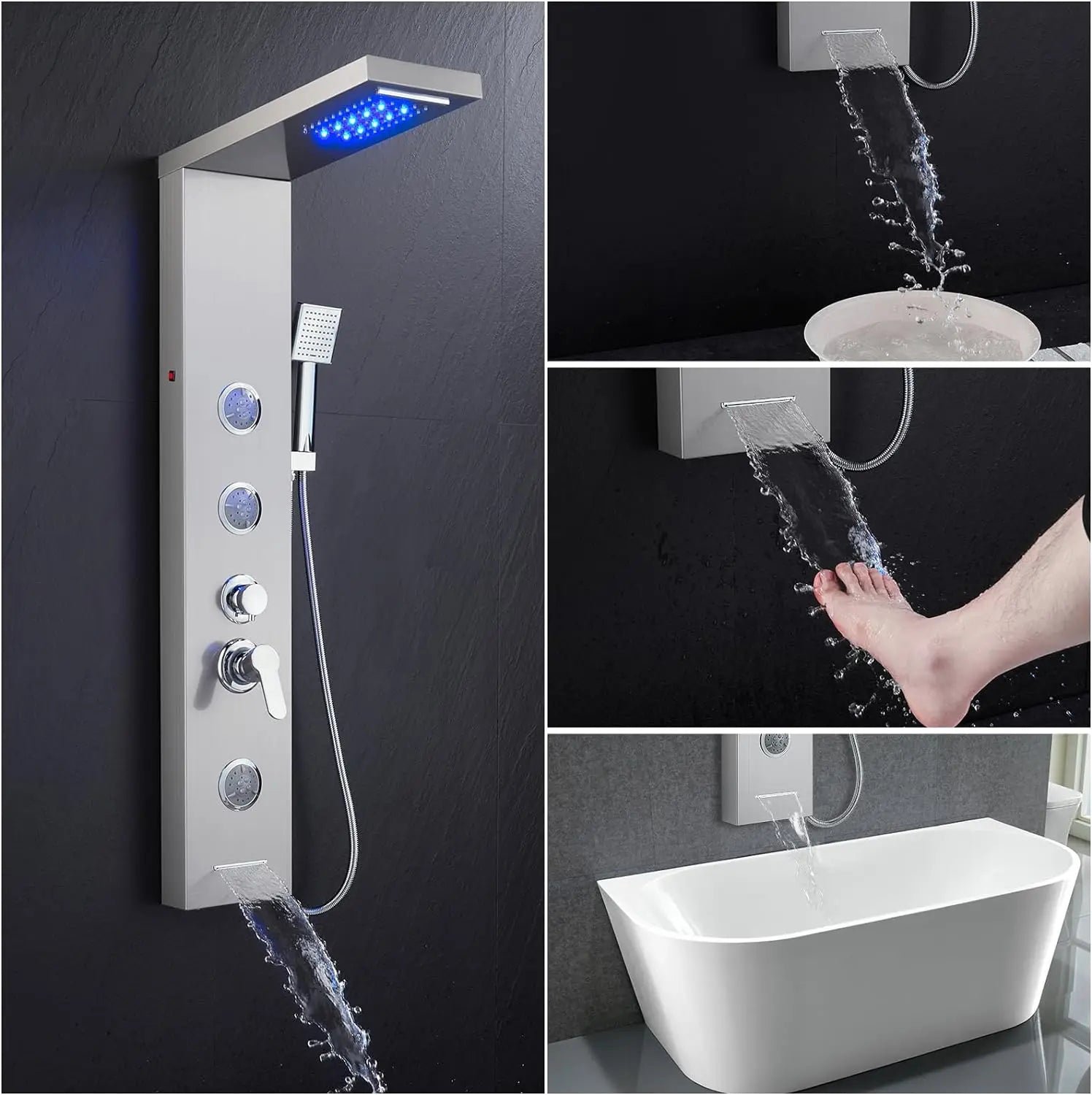 KEMAIDI LED Shower Panel Tower System with Rainfall Waterfall Shower Black Shower Panels with Jets and Rainfall and Handheld