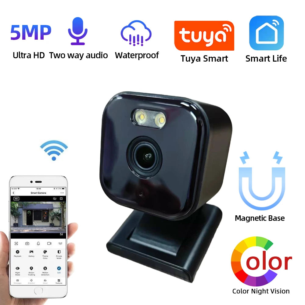 5MP Tuya Magnetic Camera Wireless Mini Color Night Vision Wifi Baby Monitor Cam Outdoor Wateproof CCTV Video Surveillance Camera