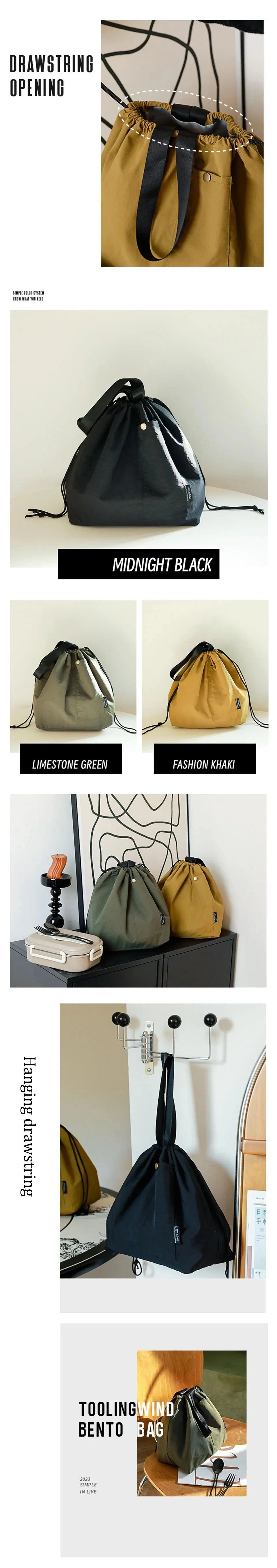 Japanese Korean Lunch Bag Cotton Canvas Large Solid Color Drawstring Portable Thermal Insulated Picnic Storage Bento Box Bag