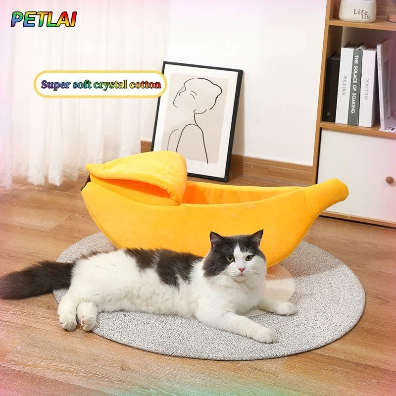 Banana cat bed super soft house lovely banana boat semi-closed warm pet bed cat accessories dog bed banana cushions with a lid