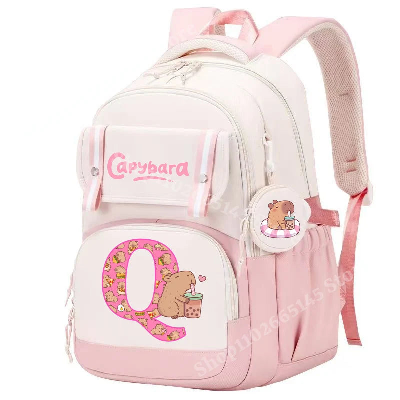 Capibara Cute Backpack Girl Anime Capybara Letter A-Z School Bags Kids Outdoor Sport Shoulders Bag Travel Rucksack Children Gift