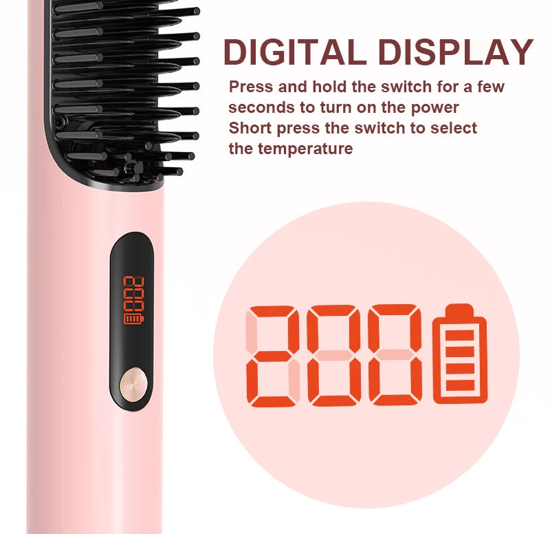 LED Hair Straightener Brush - Cordless Hot Air Styling Comb w/ Ceramic Ion Tech, Adjustable Temp & USB-C Fast Charge