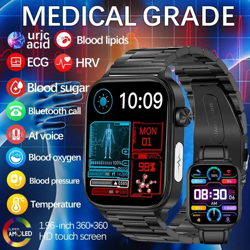 2024 New ECG+PPG Medical Grade Smart Watch Men Blood Glucose Blood Lipid Uric Acid Monitoring Bluetooth Call Health Smartwatches