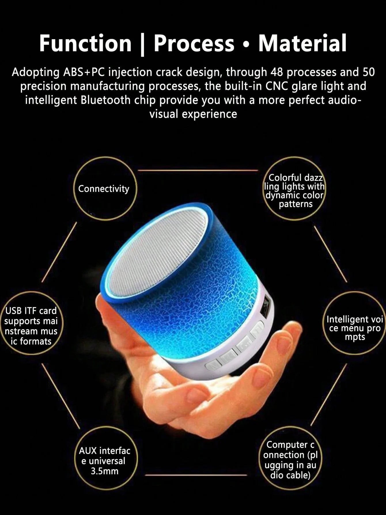 Wireless Mini Speaker, Subwoofer, Dazzle Crackle 7 Colour Light Wireless Mini Speaker, Portable Small Speaker