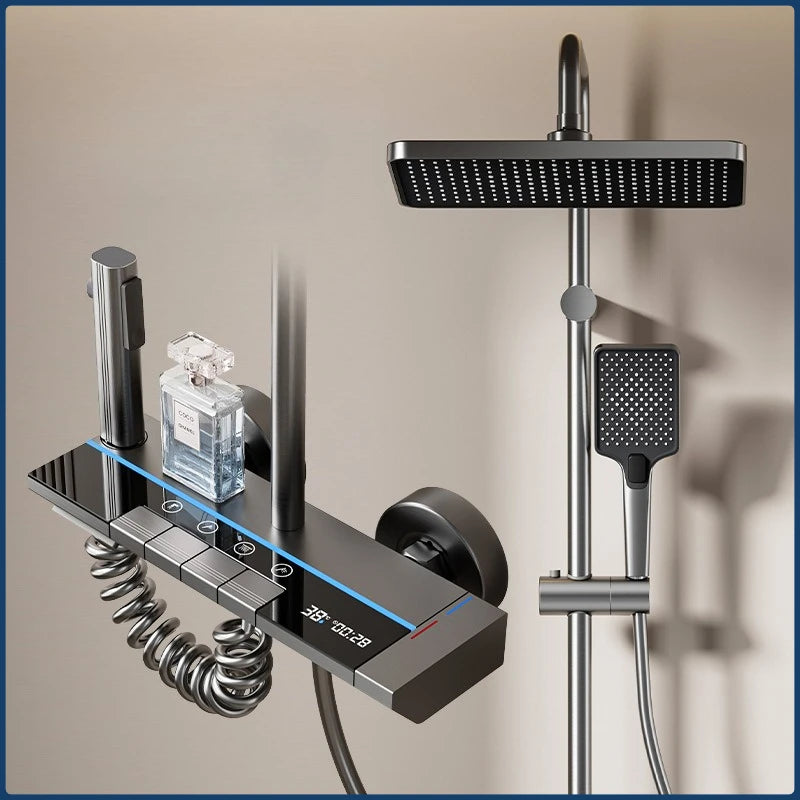 Grey Intelligent Digital Shower System Wall Mounted Bathroom Shower Faucet Set Temperature Display Rainfall Bathroom Shower Set