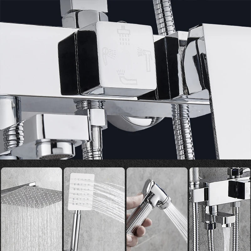 KEMAIDI Rainfall Bathroom Shower Faucet Set With Rack Shelf Bathtub Mixer Tap Black Wall Mounted Brass Bath Cabin System