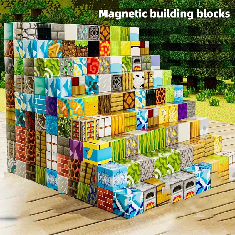 Magnetic building block toy storage box set, with figurines included, children's DIY assembly toys, tabletop play blocks