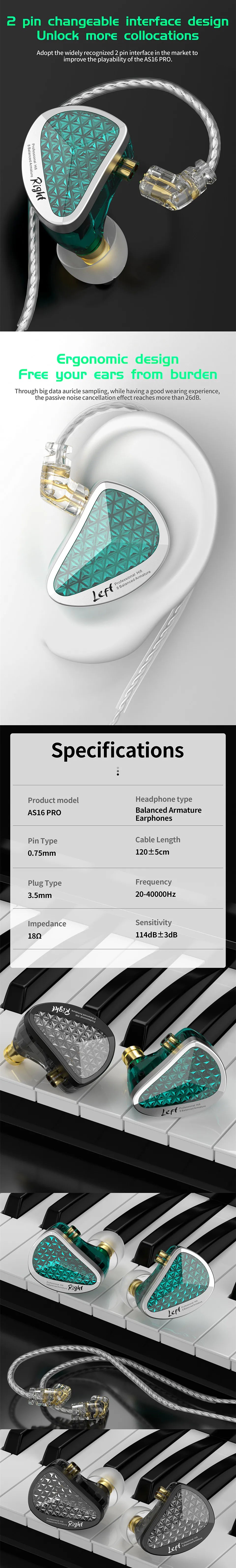 KZ AS16 Pro In Ear Earphones 16BA Balanced Armature HIFI Bass Monitor Headphones Noise Cancelling Earbuds Sport Headset AS12 ZSX