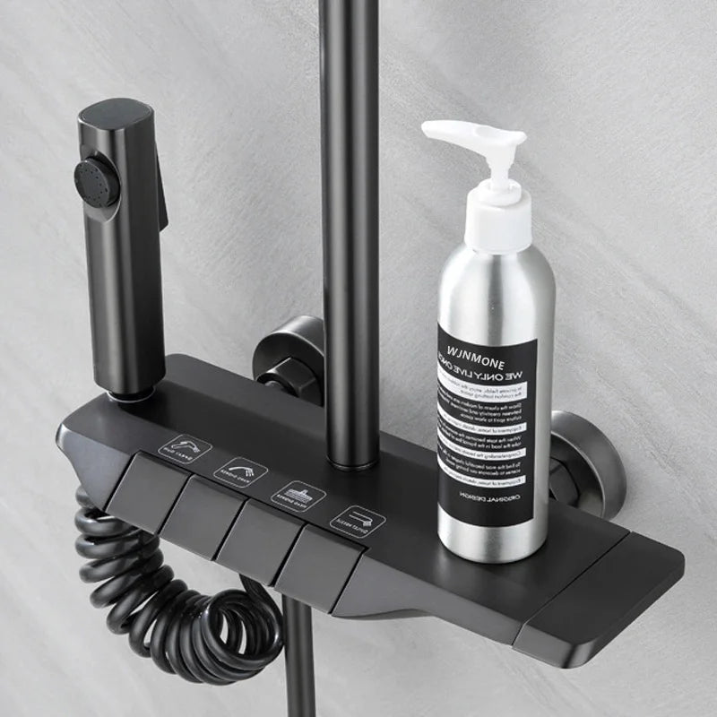 Cheap Gun Gray Bathroom Shower Faucet Set 4 Way ABS Hot and Cold Shower Crane Mixer Tap Bathtub Rainfall Showers System Full Set