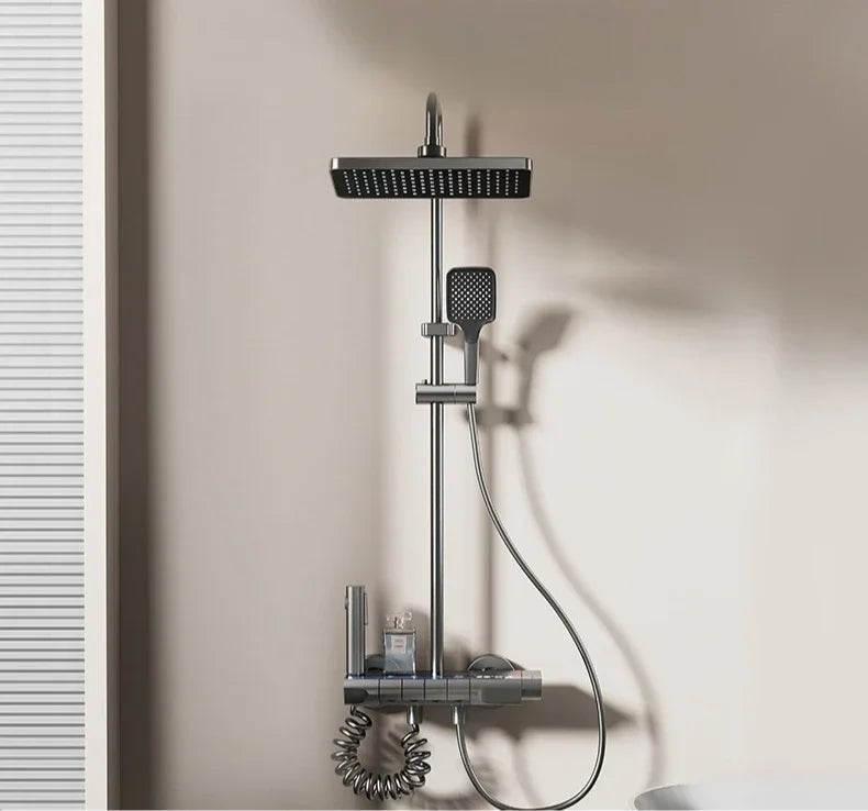 Smart Temperature Digital Display Shower Set Bathroom Wall Mounted Piano Key 4 Ways Water Outlet Rainlfall Shower Faucet System