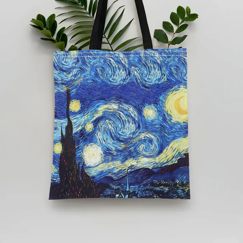Canvas Bag Van Gogh Series Canvas Bag Oil Painting Starry Night Sunflower Apricot Flower Coffee Holder Handbag 30X35cm