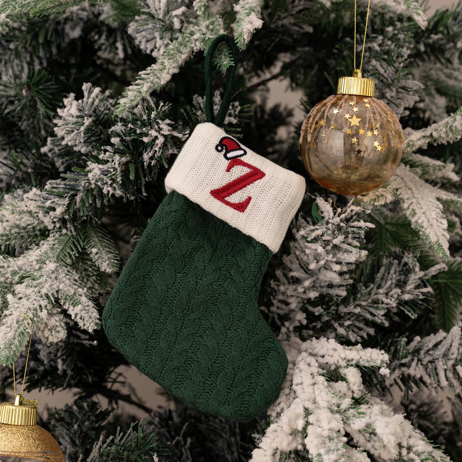 Green A-Z Letter Hanging Christmas Stockings Monogram Knitted Socks Fireplace Christmas Tree Hanging Party Decoration