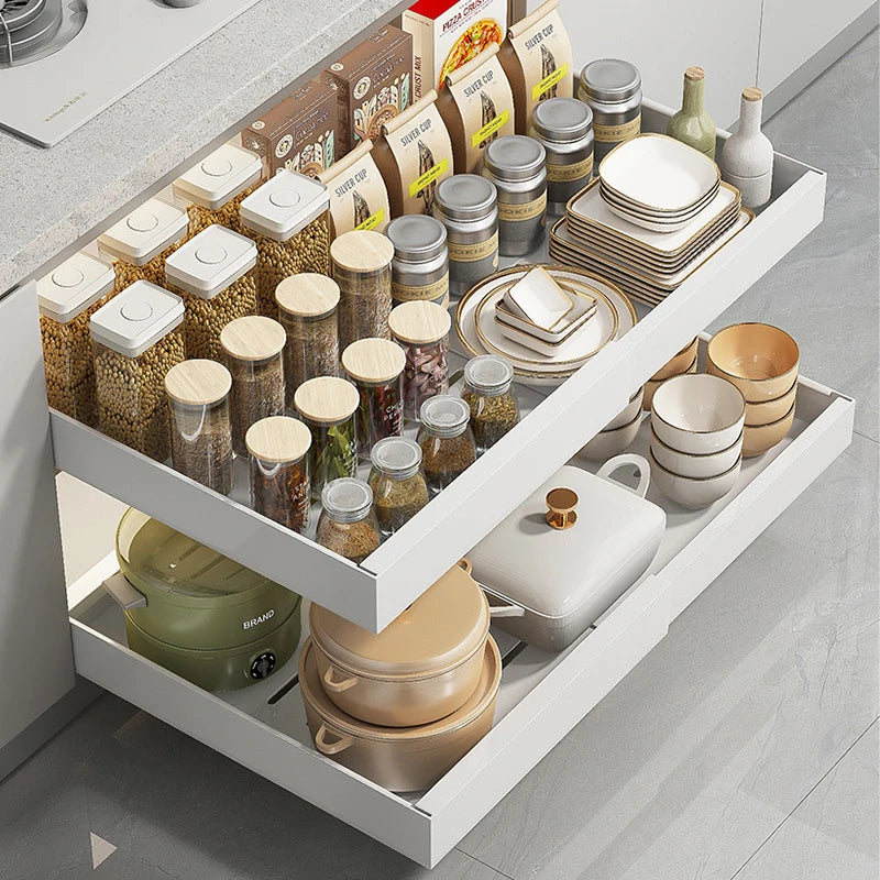 Household Metal White Adjustable Pull Out Kitchen Cabinets Mesa Slide Spice Rack Tableware Storage Drawers Organization Basket