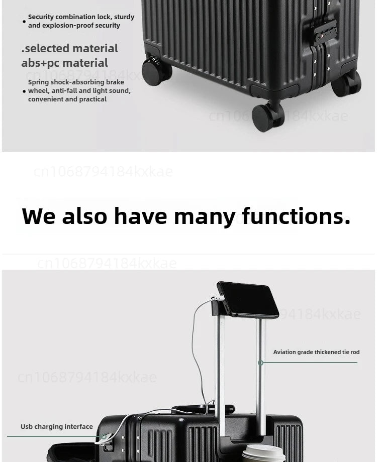 Aluminium Frame Rolling Luggage with Cup Holder Mobile Phone Holder Front Opening Suitcase Large capacity Travel Suitcase