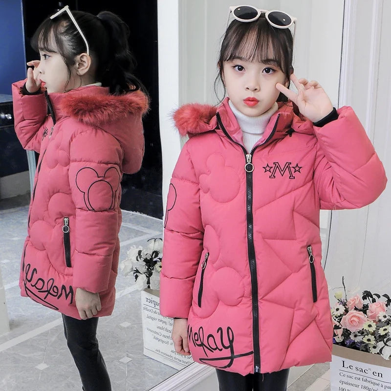 5-14 Years Old Winter Boys Girls Jacket Long Style Hooded Fur Collar Colorful Heavy Coat For Kids Children Outerwear