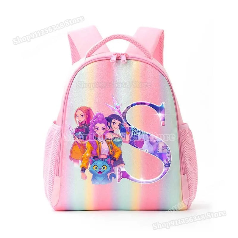 Anime K-pop Demon Hunters Letter A-Z Print Kids Backpack Girls Lightweight Casual School Back Pack Rainbow Color Mochilas Gifts