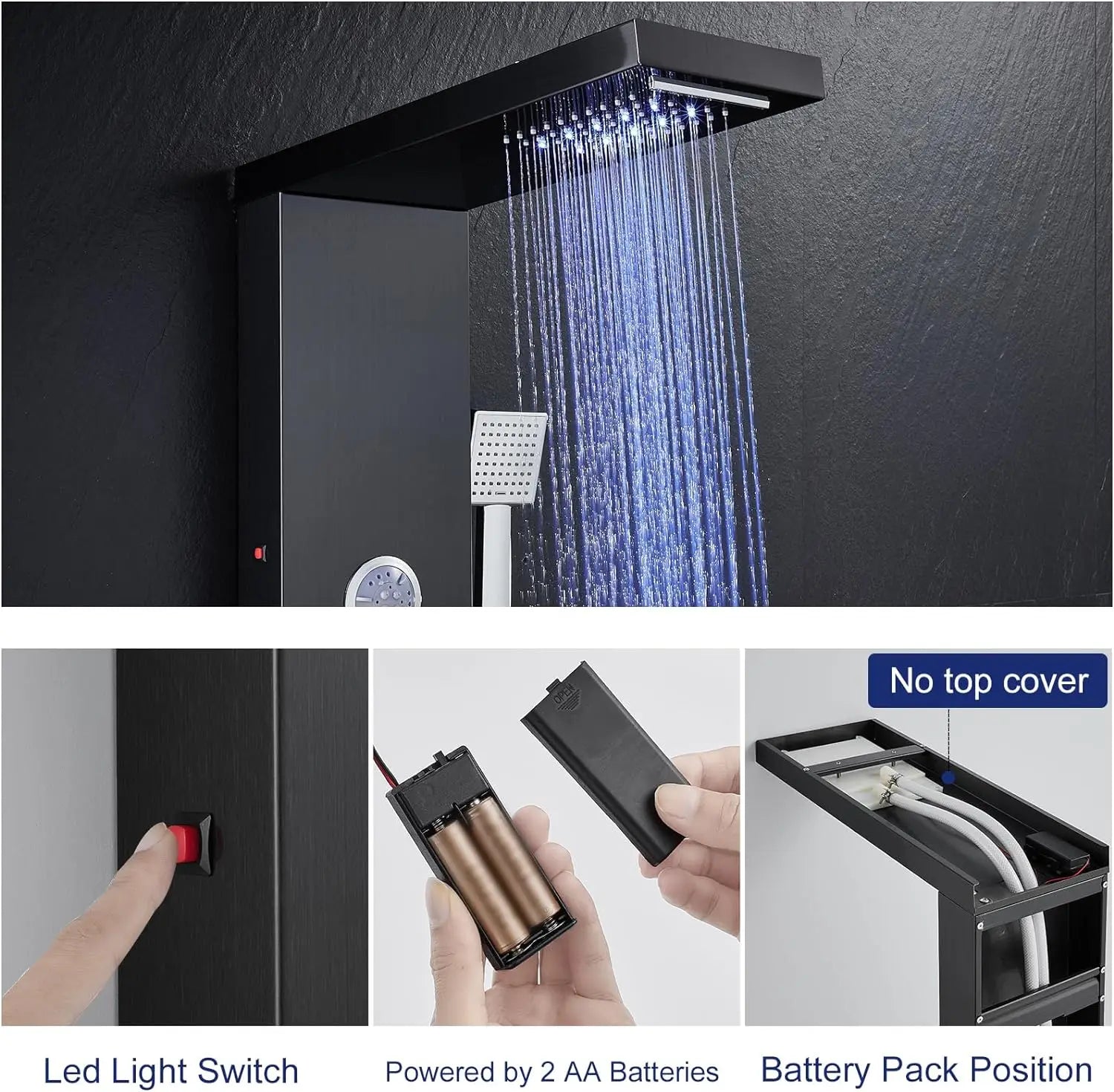 KEMAIDI LED Shower Panel Tower System with Rainfall Waterfall Shower Black Shower Panels with Jets and Rainfall and Handheld
