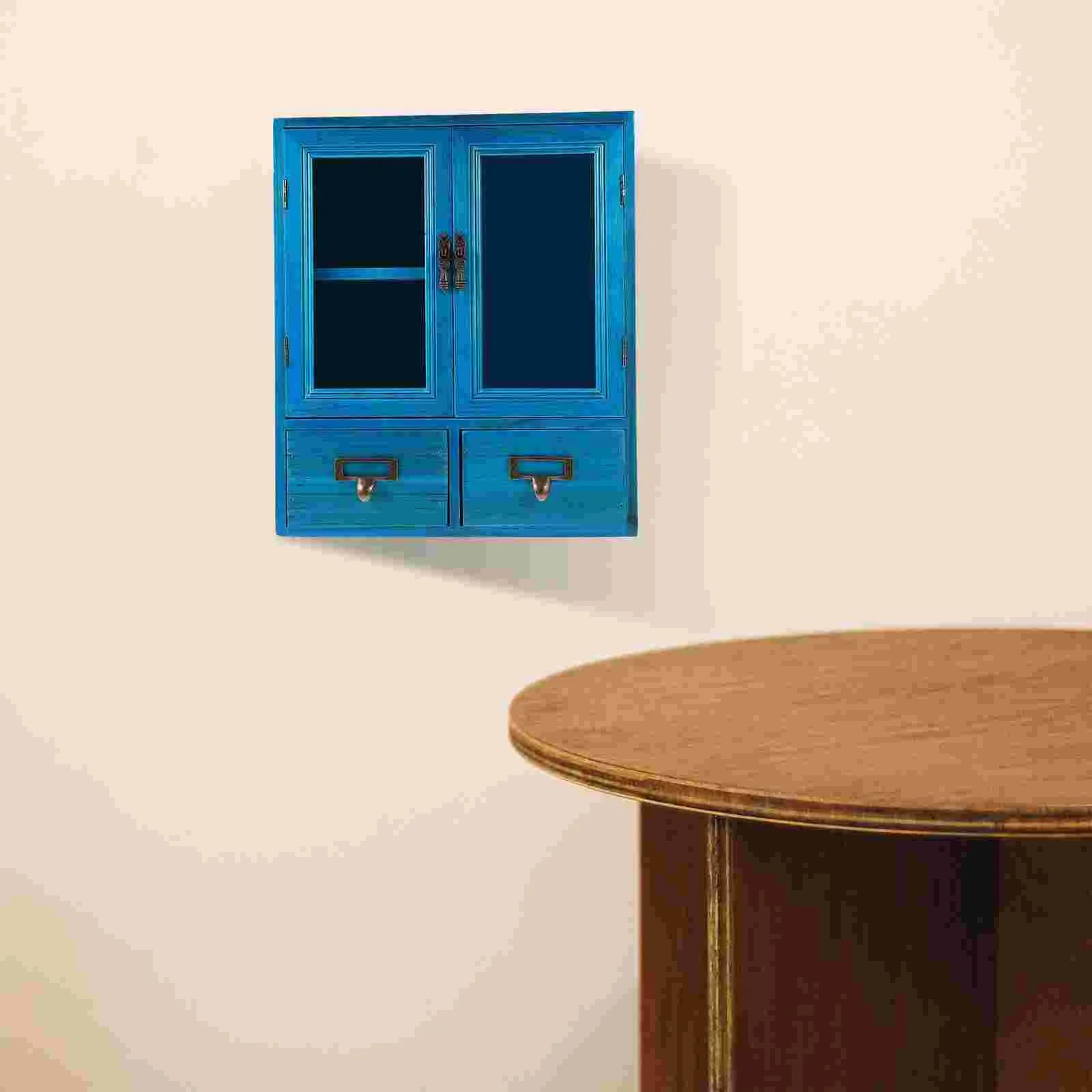 Blue Double Doors Retro Wall Wooden Cabinet Storage Box Display Countertop Furniture Kitchen Living Room House Wall Mount