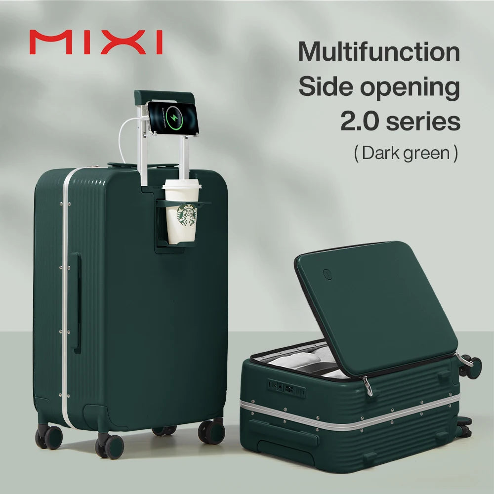 Mixi NEW Aluminum Frame Suitcase Carry On Rolling Luggage with USB Port Boarding Cabin Cup and Phone Holder 20 24 Inch