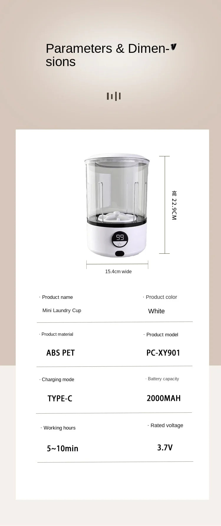 A White 2L Mini Washing Machine, 2000Mah, Fully Automatic Portable Turbine Led Washing Cup and Compact for Children's Clothing, Underwear, and Socks