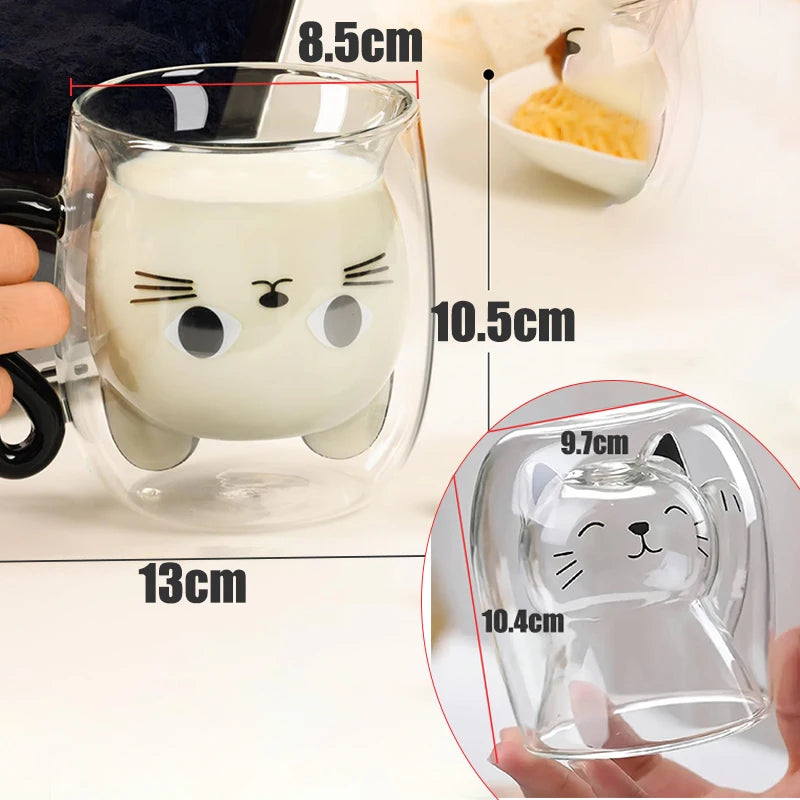Creative Cute Cat Double-layer Coffee Mug Cartoon Couple Teacup Insulated Glass Mugs With Handle Household Office Drinkware
