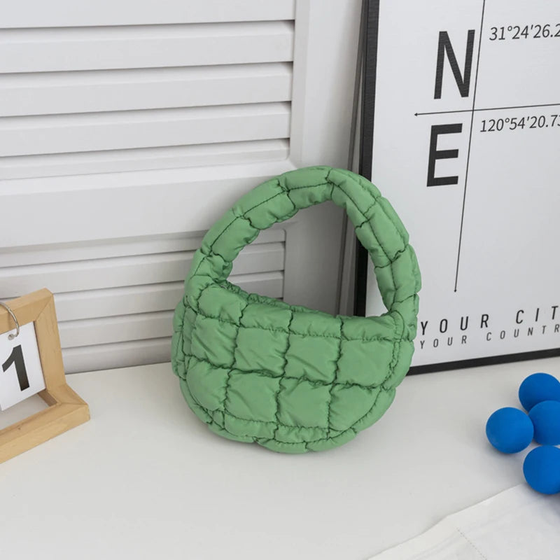 Candy bag Fashion Mini Puffer Tote Bag Quilted Circle Phone Purse  Elegant  Soft Nylon Padded Key Pouch Simple Trend Handbag