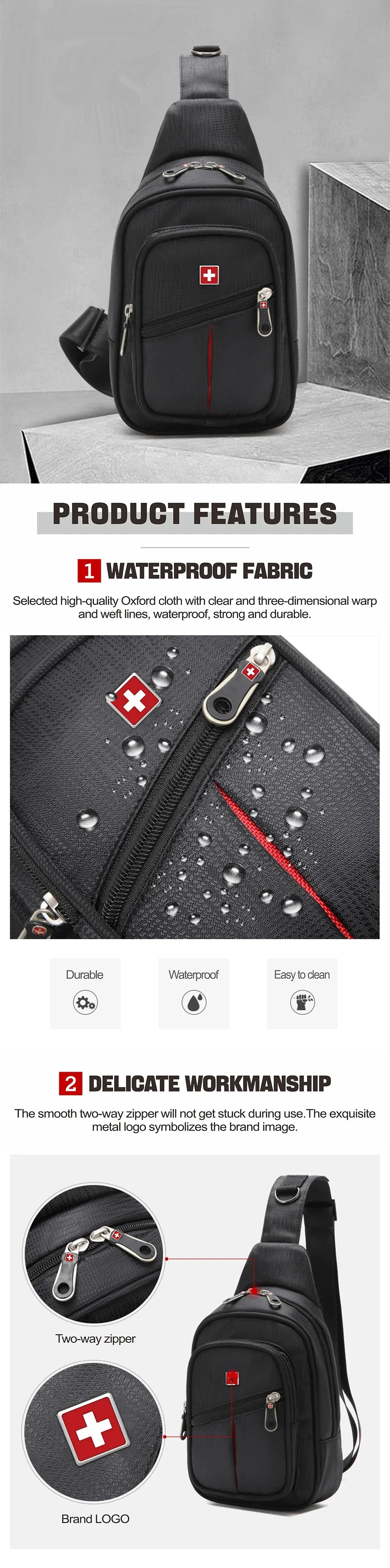 SWISS Men Chest Bags Outdoor Leisure Waterproof Shoulder Crossbody Bag Large Space Chest Bag men Practical Durable Sling Bag