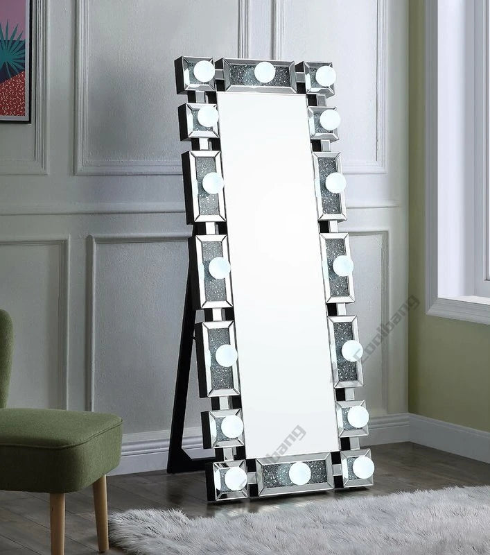 Hot Sale Crushed Diamond Hollywood Luxury Style Dressing Mirror LED Bulbs Floor Mirror