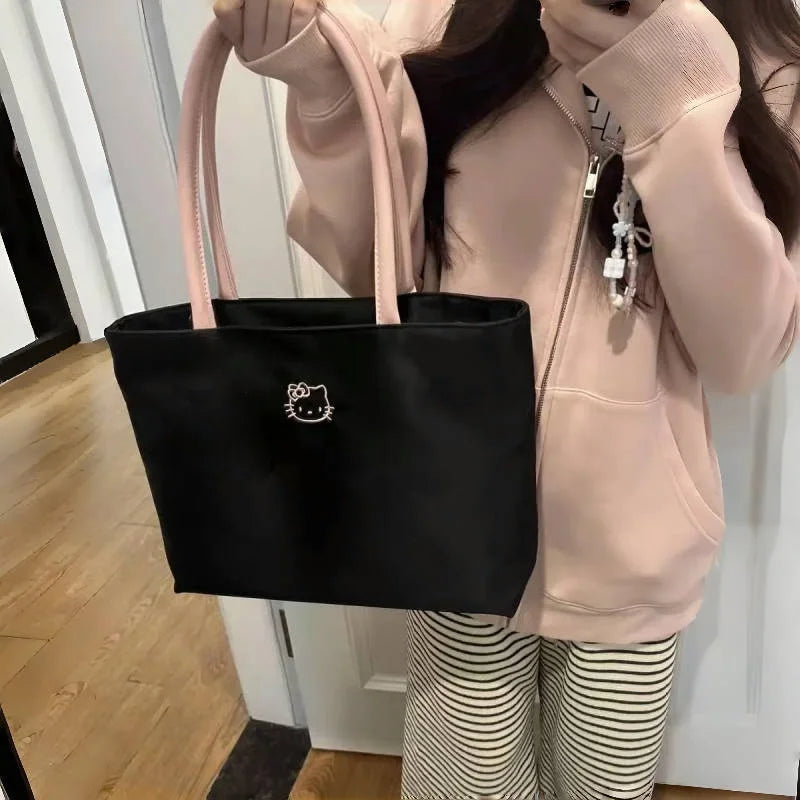 Cute cartoon embroidery large capacity shopping bag, fashionable and versatile shoulder bag, fashionable women's black handbag