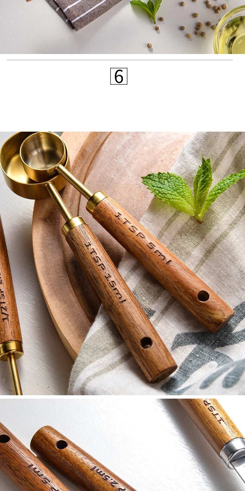 Measuring Spoon Set Wooden Handle Stainless Steel Measuring Cups Spoons Baking Tools Coffee Bartending Scale Kitchen Accessories
