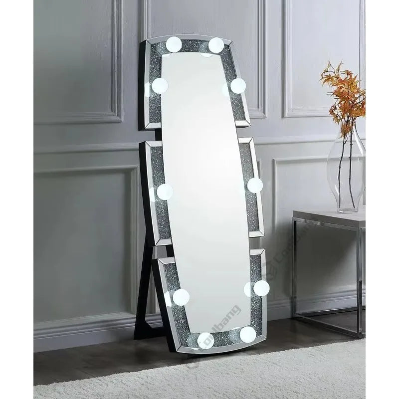 Hot Sale Crushed Diamond Hollywood Luxury Style Dressing Mirror LED Bulbs Floor Mirror