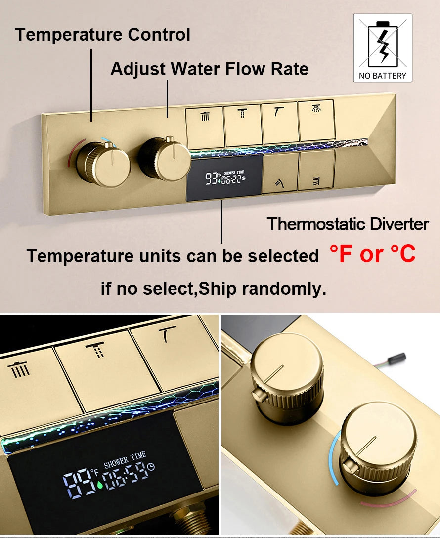 M Boenn Large 23 ×31 Inch Music LED Shower Head Rainfall Thermostat Shower System Bathroom Faucet Set Powerful Massage Body Jet