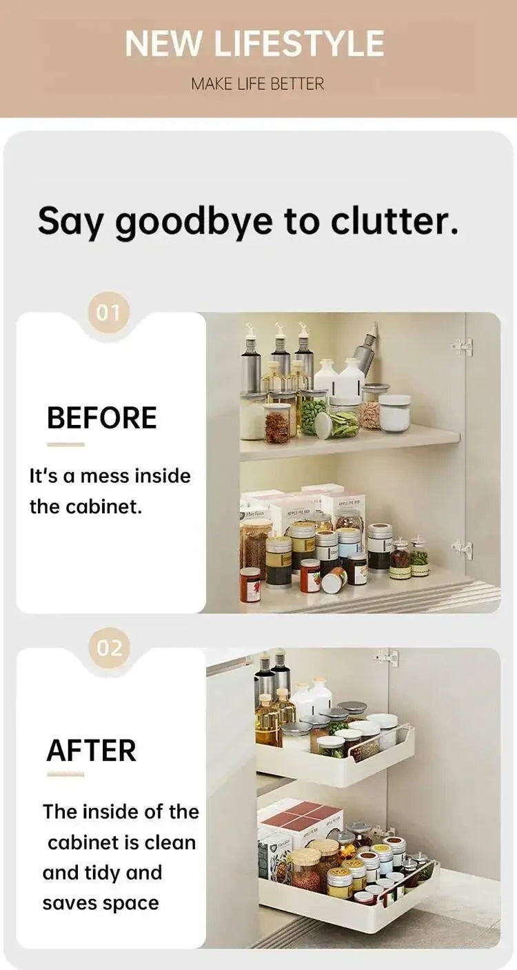 Box With Sliding Rail Pull-Out Cabinet Storage Rack Spice Pantry Shelves Drawer Kitchen Organizer Basket