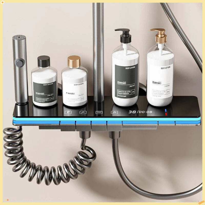 Grey Shower System with Ambient Light Intelligent Digital Shower Faucet Set Temperature Display Rainlfall Bathroom Shower Set