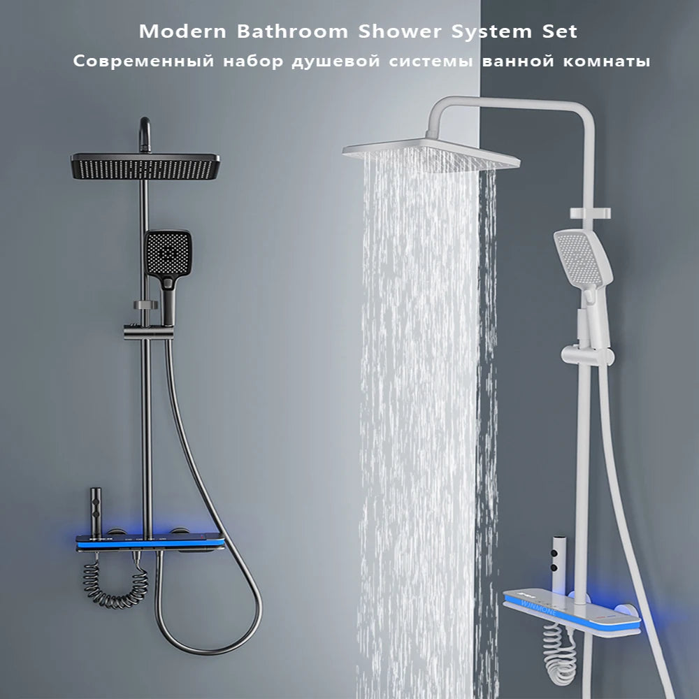 Bathroom Smart Shower System Set Temperature Digital Display LED Bathtub Rainfall Mixer Brass Shower Faucet Full Set with Lights