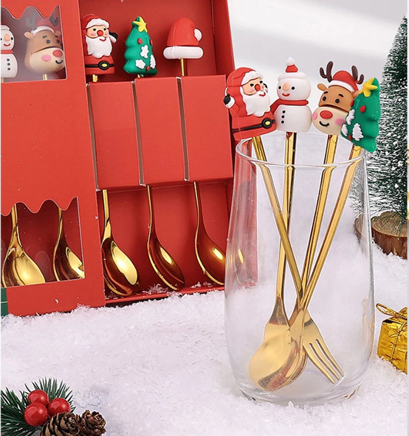 2/4/6Pcs Christmas Fork And Spoon Set,Stainless Steel Creative Tableware,Coffee Tea Dessert Forks And Spoons Gift Set