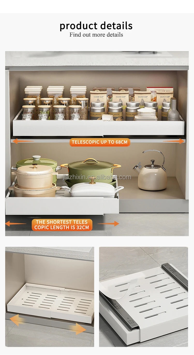 Household Metal White Adjustable Pull Out Kitchen Cabinets Mesa Slide Spice Rack Tableware Storage Drawers Organization Basket