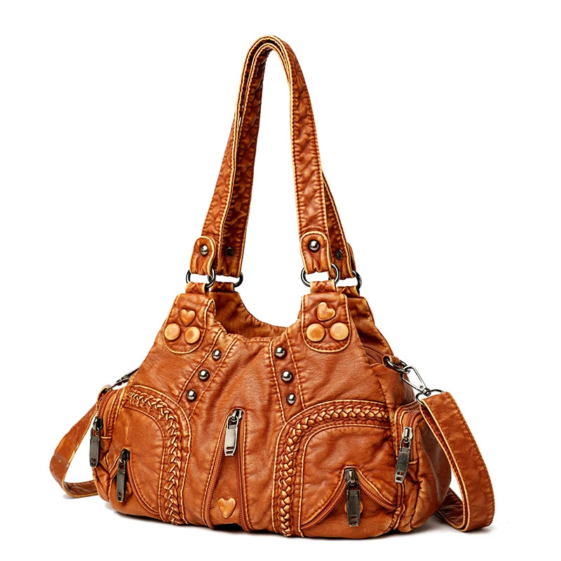 Y2k Women Shoulder Bag Vintage Punk Goth Fashion Designer Leather Tote Bag Large Capacity Rivet Motorcycle Handbag