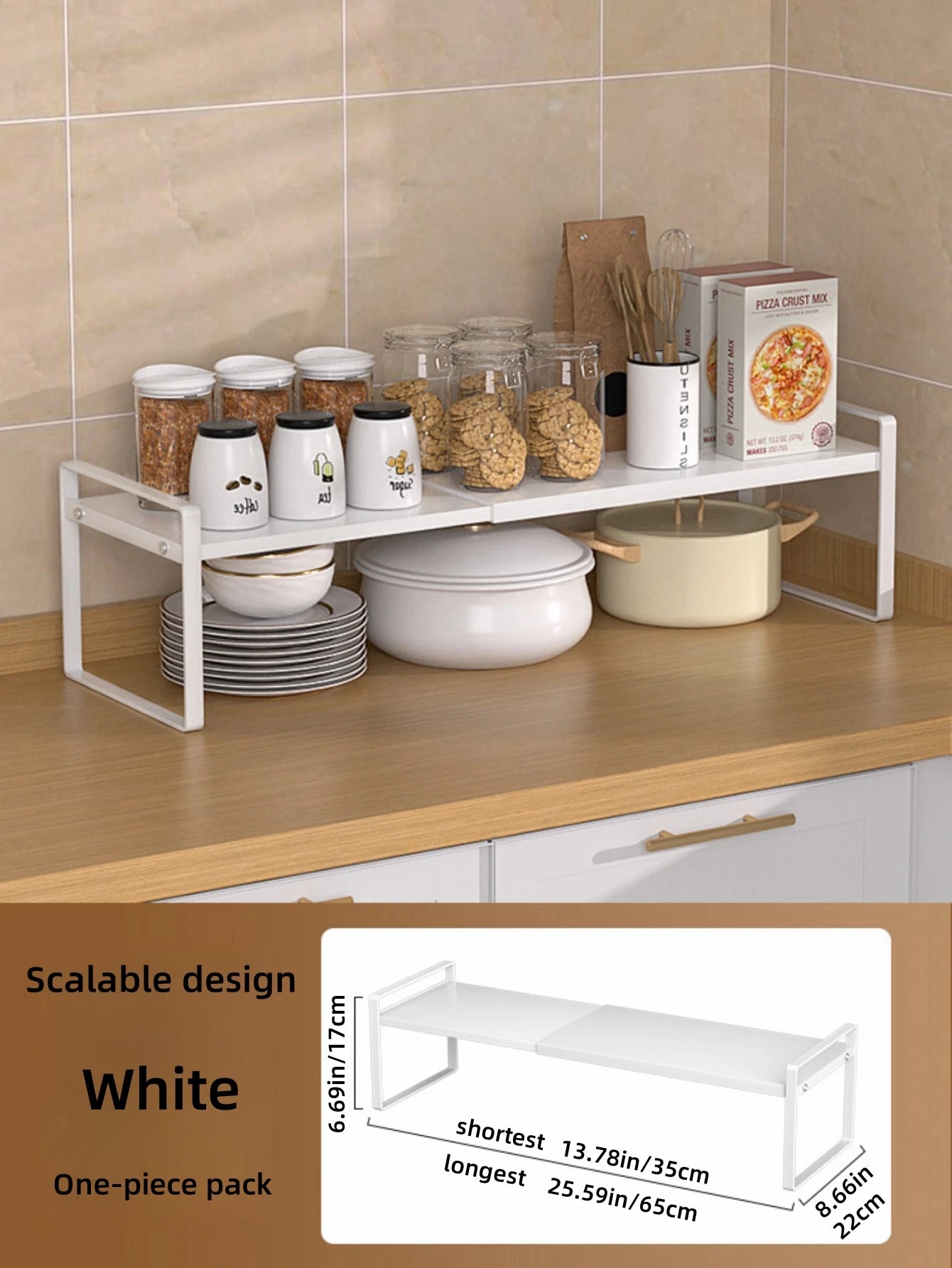 Kitchen cabinet multi-level shelf storage rack, seasoning storage rack, expandable home storage space, heavy-duty metal white