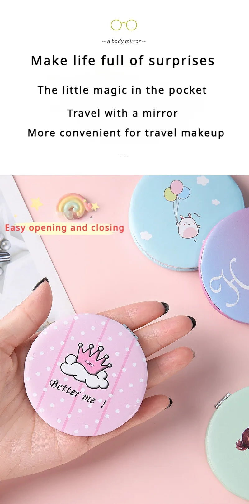 Circular Makeup Mirror Portable Portable Student Pocket Folding Mirror Beauty Makeup Makeup Princess Circular Mirror