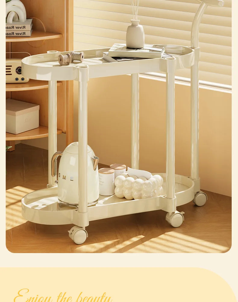 Cream Style Coffee Table Cart Creative Double-layer Snack Rack Bedroom Living Room Mobile Side Table Bedside Table Storage Rack