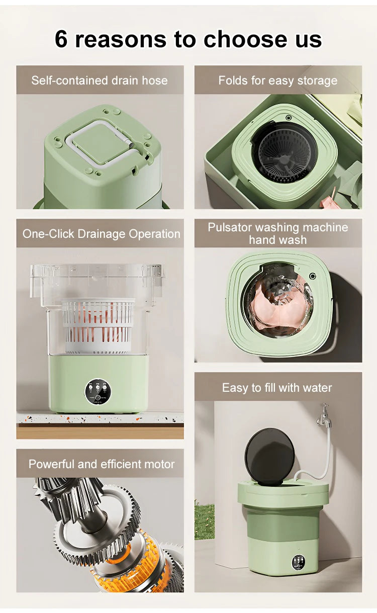 Folding Portable Washing Machine 8.5L Large Capacity Clothes Spin Dryer Bucket Travel Underwear Socks Ultrasonic Mini Washer