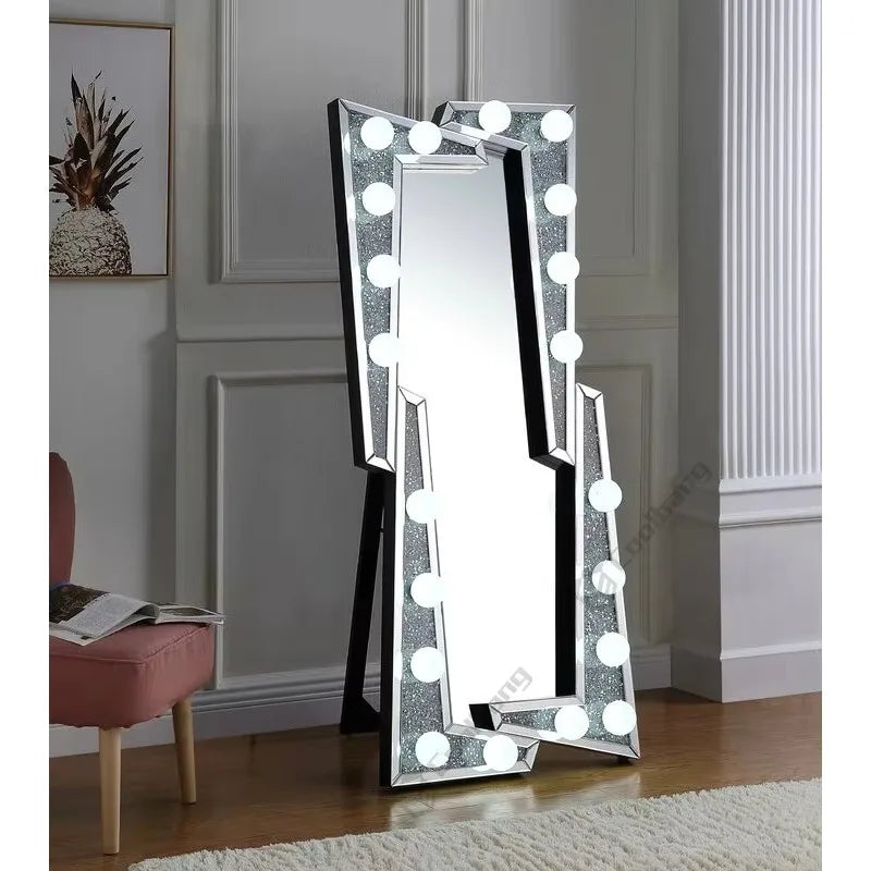 Hot Sale Crushed Diamond Hollywood Luxury Style Dressing Mirror LED Bulbs Floor Mirror
