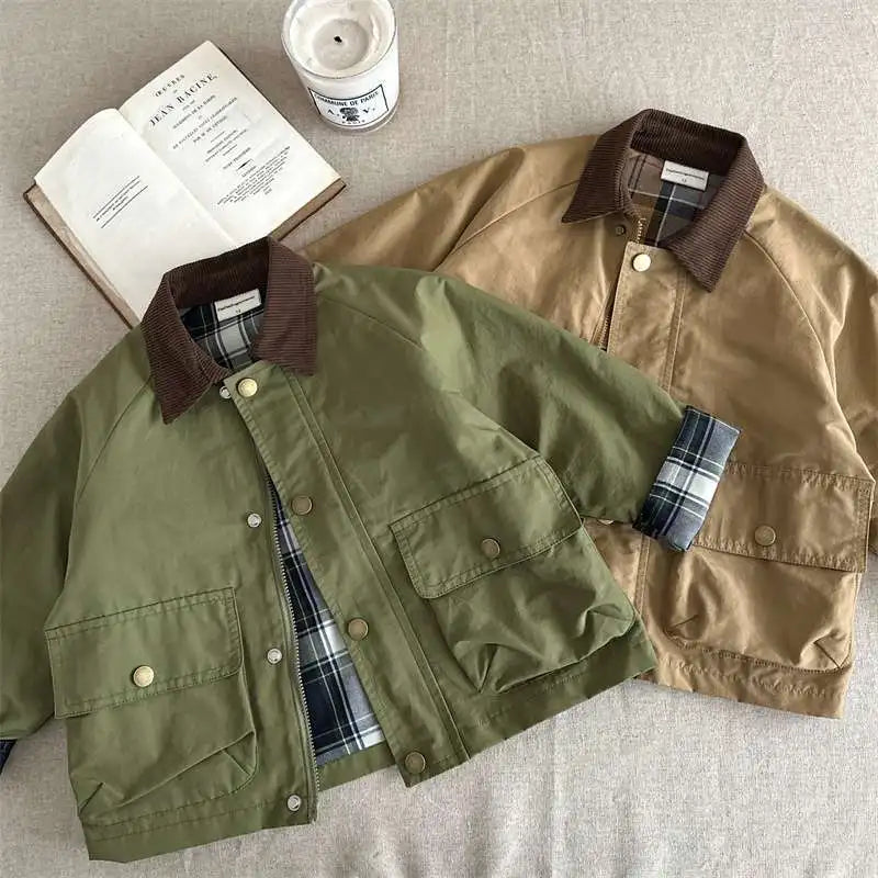 2025 UNITIM Spring Autumn Kids Boys Jacket Plaid Spliced Pocket Long Sleeve Toddler Boys Outerwears Coat Children Boys Jacket