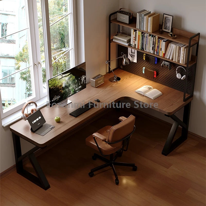 Industrial Style Solid Wood Office Desk Space-Saving L-Shaped Corner Computer Desk Home Writing Gaming PC Table with Steel Legs