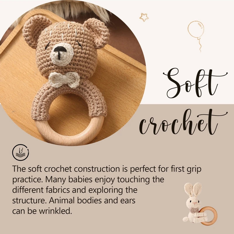 Let's Make Baby Rattles Crochet Bunny Rattle Toy Wood Ring Baby Teether Rodent Baby Gym Mobile Newborn Educational Rattles Toys